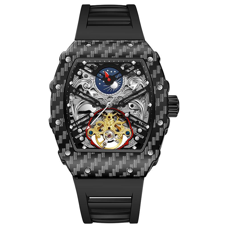 Tonneau Dial Men Automatic Mechanical Watch Skeleton Tourbillon Male Wristwatch Top Brand Luxury Rubber Strap Reloj Hombre