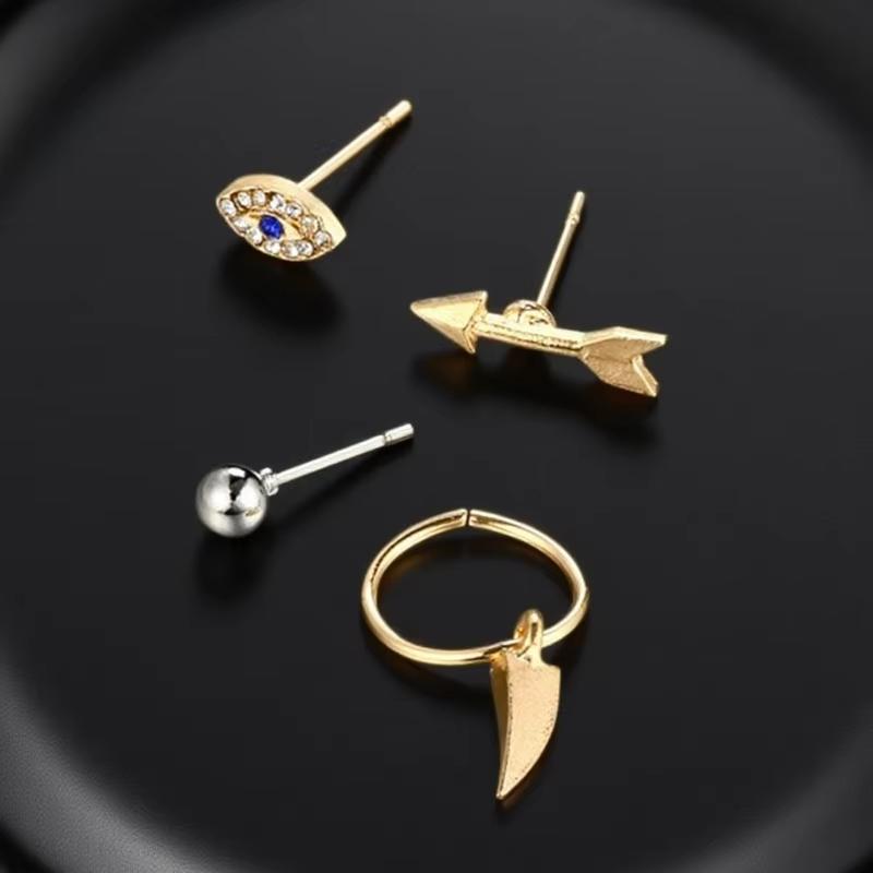 

4 Pcs/set Women s Earrings Set Blue Rhinestone Eyes Design Stud Earrings Triangle Small Punk Personality Ear Zircon for Girls