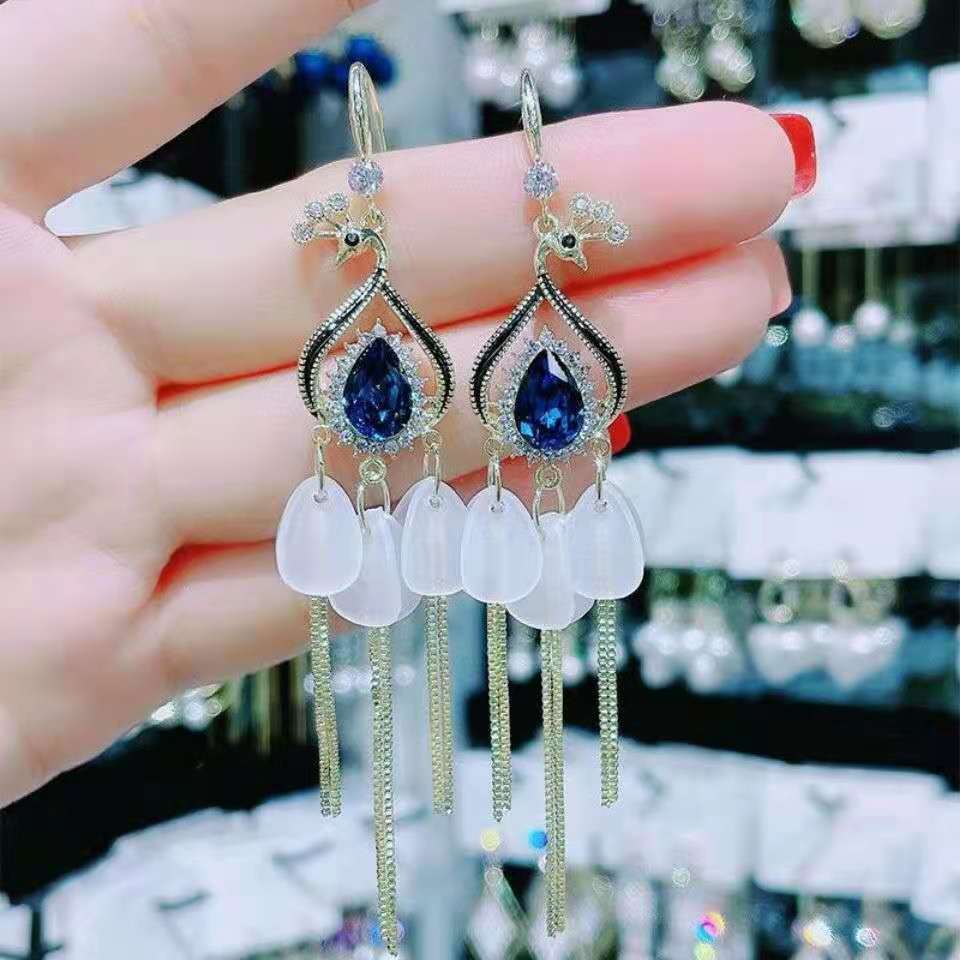 Internet Celebrity Explosion New Phoenix Crystal Petal Earrings Long Tassel Thin Face Earrings