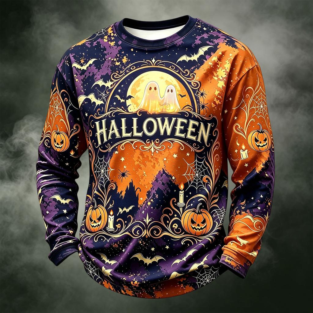 Men's Casual Long Sleeve Crewneck Halloween Print Top