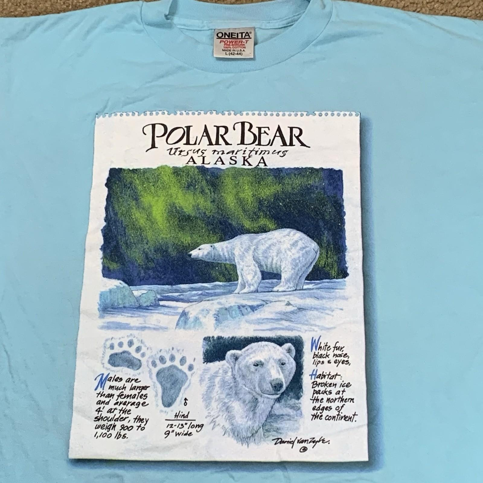 Vintage 90s Oneita Adult Large Blue Nature T Shirt Polar Bears Alaska Art XL