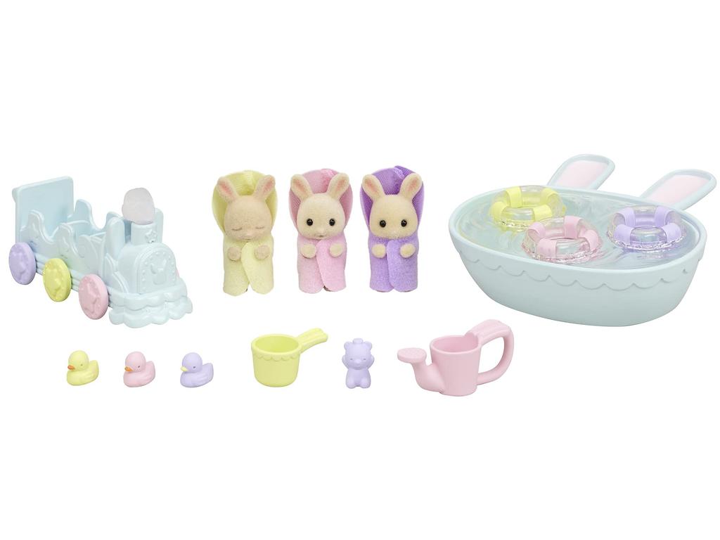 Sylvanian Families Doll and Furniture Set Rabbit Favorite Bath ST Mark Certified Toy Dollhouse for Ages 3 and Sylvanian Epoch [Milk Triplets' Set]