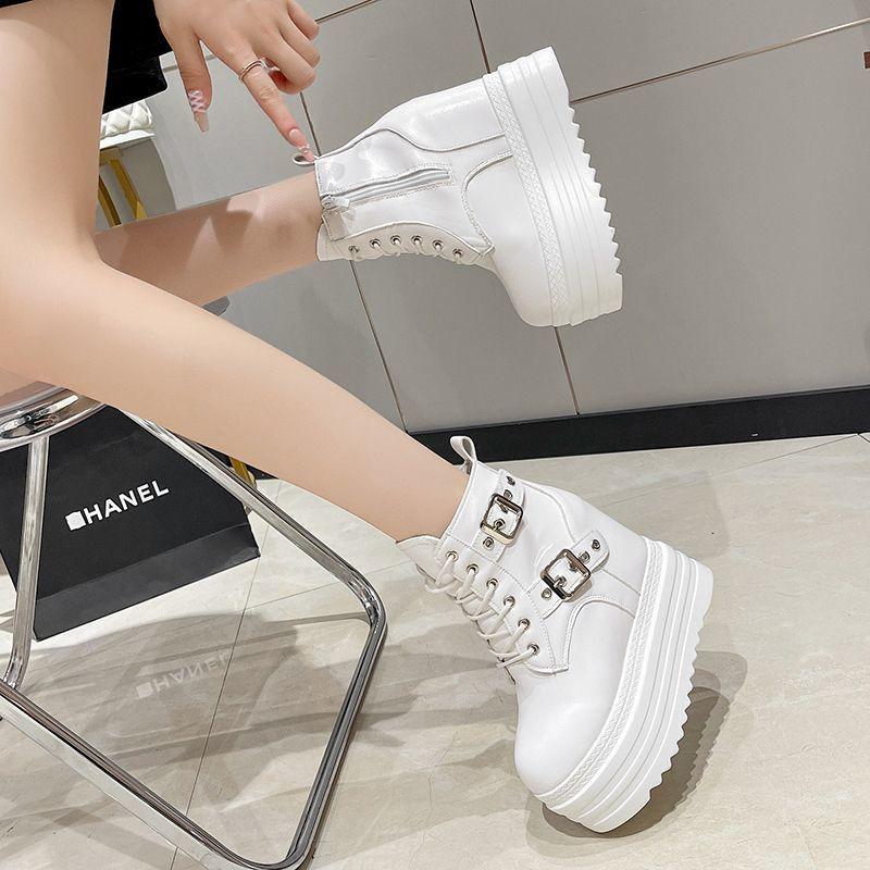Fashion Women High Platform Ankle Boots Autumn Gothic Style Leather Shoes Buckle Punk Motorcycle Boots Round Toe Chunky Sneakers