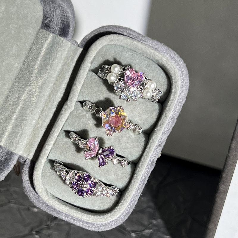 Dream sweet and cool wind butterfly love pink and purple colored diamonds cold wind light luxury open ring women stack and wear high-end rings