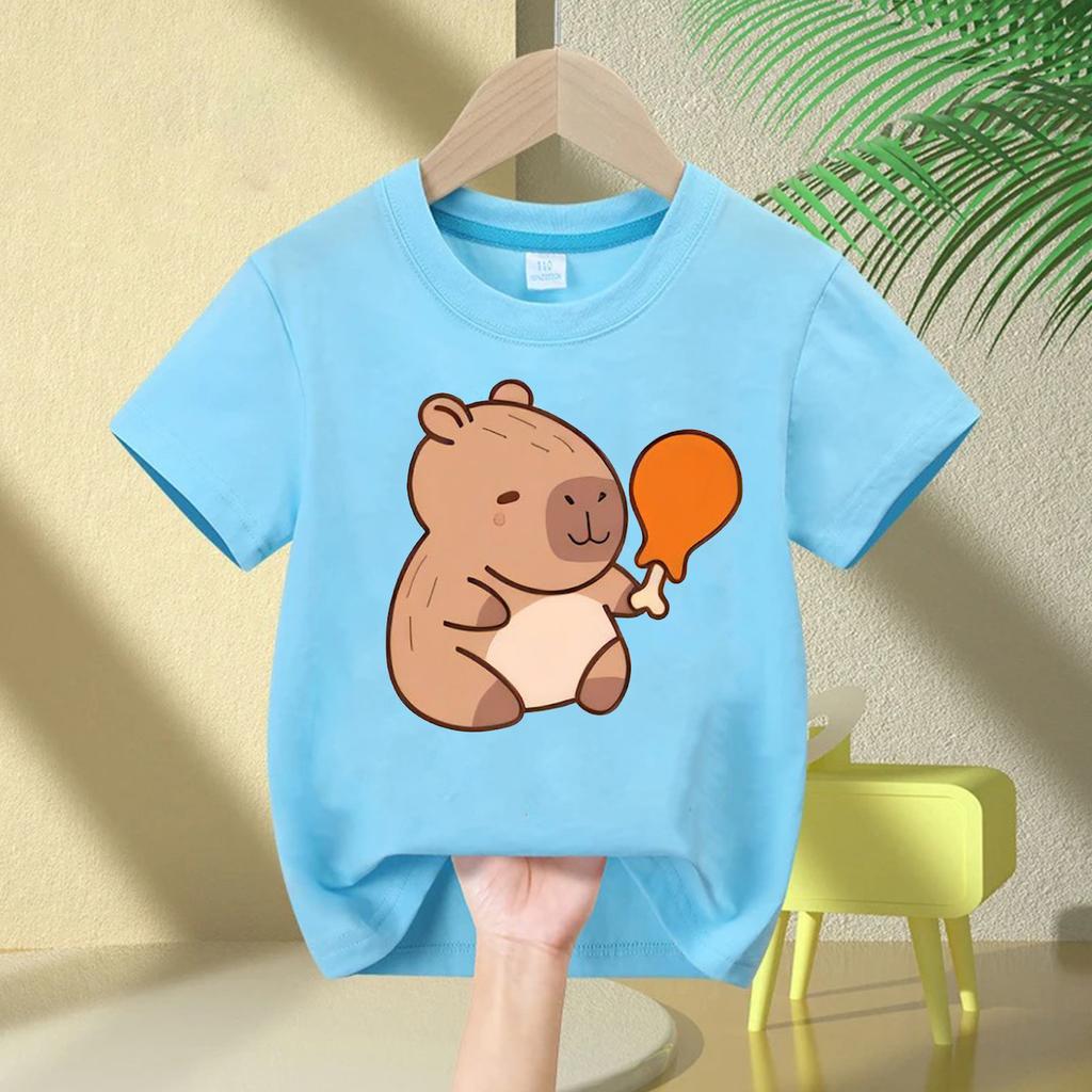 Cute Capybara Children's T-shirt Love Bubble Balloon Print Summer Children's Cotton Short-sleeved Casual Tops Boys Girls Birthda