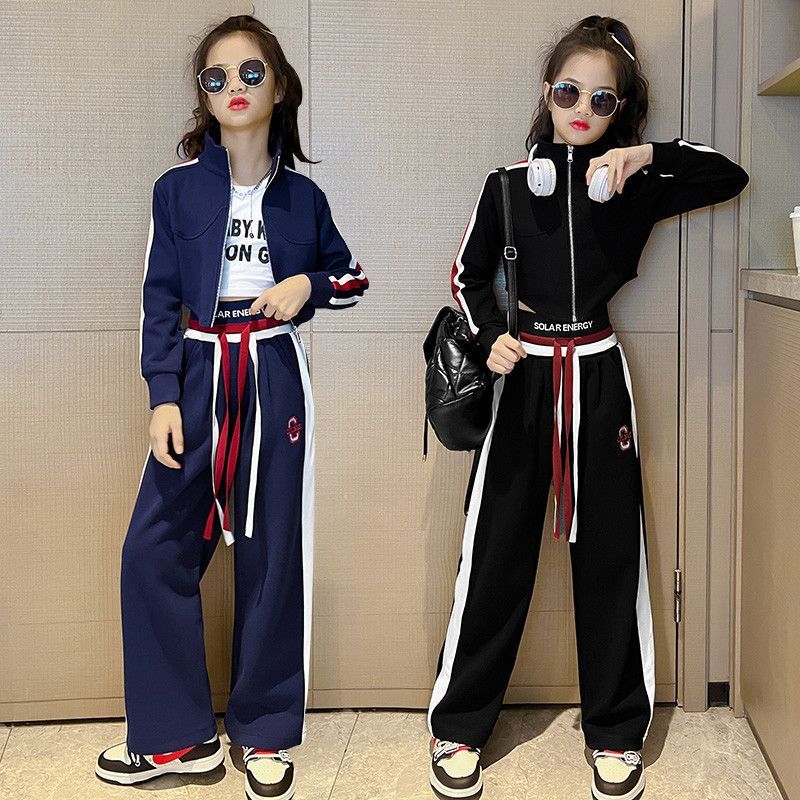 Teenager Girls' Sports Spring Autumn Kids Clothes Crop Top Hooded Jacket + Wide Leg Pants Tracksuit Children 9 -14year