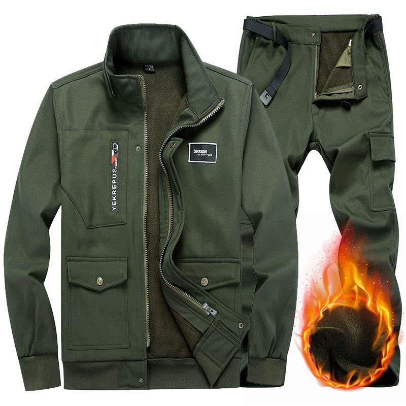 

Костюм рабочей одежды мужской осенне-зимний плюс бархатный утолщенный одежда для трудовой защиты куртка для инструментов брюки карго комплект из 2 предметов M темно-зеленого