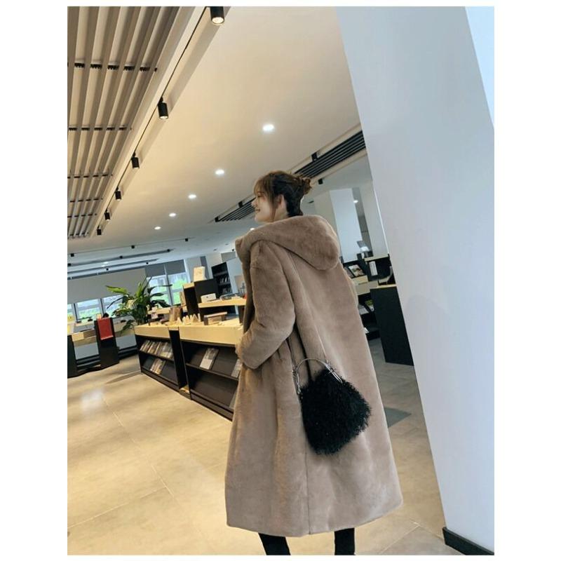 Autumn and Winter Thickened Imitation Rabbit Fur Long Hooded Loose Knee Jacket Women's Plush Coat Imitation Fur