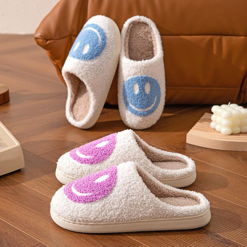 New Towel Embroidery Korean Version Autumn and Winter Indoor Home Wooden Floor TPR Sole Thickened Smiley Cotton Slippers