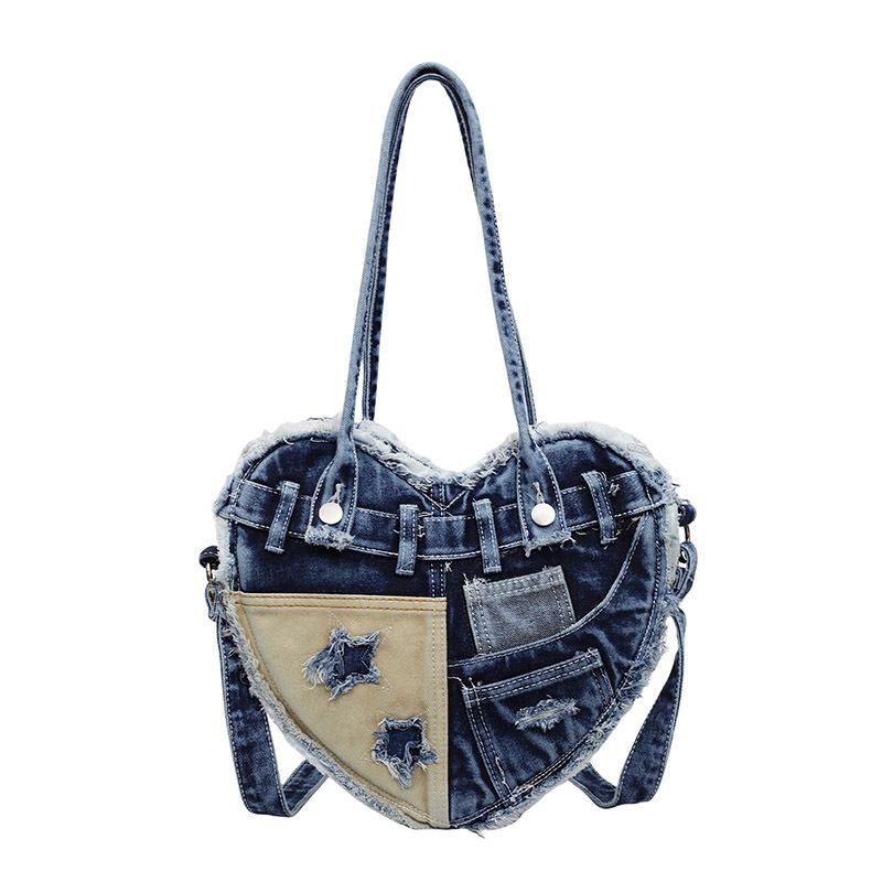 

Niche design love tote bag women s 2026 spring new large-capacity retro shoulder messenger bag 32*7*25 джинсовый синий