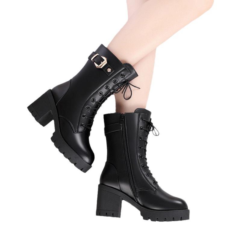 Women's Chunky Heel Leather Ankle & Mid-Calf Winter Boots with Velvet Lining