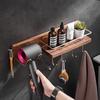 Walnut Bathroom Hair Dryer Holder Wall Mounted Bathroom Toilet Multifunctional Storage Rack Toothbrush Holder Towel Hook