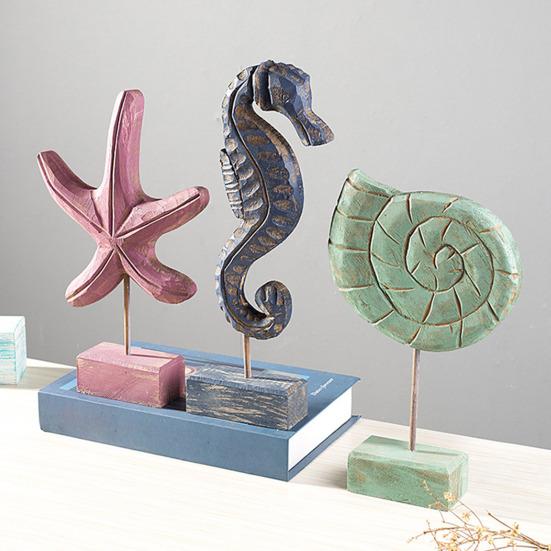 Figura de Madera Hecha a Mano Estilo Náutico de Playa Estrella de Mar/Caracola/Caballito de Mar Estatua de Mesa sobre Soporte para Hogar Casa del Lago Decoración Costera del Océano