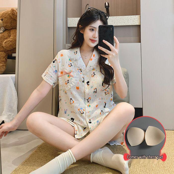 Women s Cute Cartoon Summer Cardigan with Built-in Bra – Short-Sleeved Cloud Cotton Extra Large