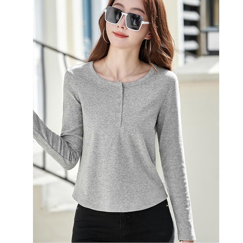 [JHIJSC] t-shirt ladies long sleeve spring cotton tight Plain color Fashionable cute big size (JP, alphabet, L, gray)