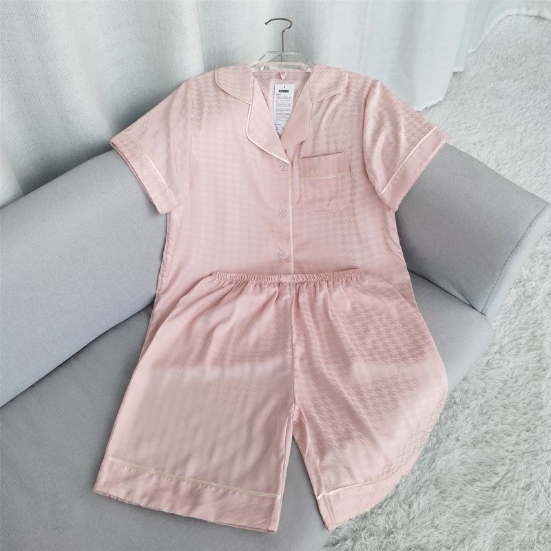 2023 Summer New Arrival Cool Short Sleeve Shorts Plaid Silk Jacquard Houndstooth Pajamas Pure Color Thin Two-Piece Suit