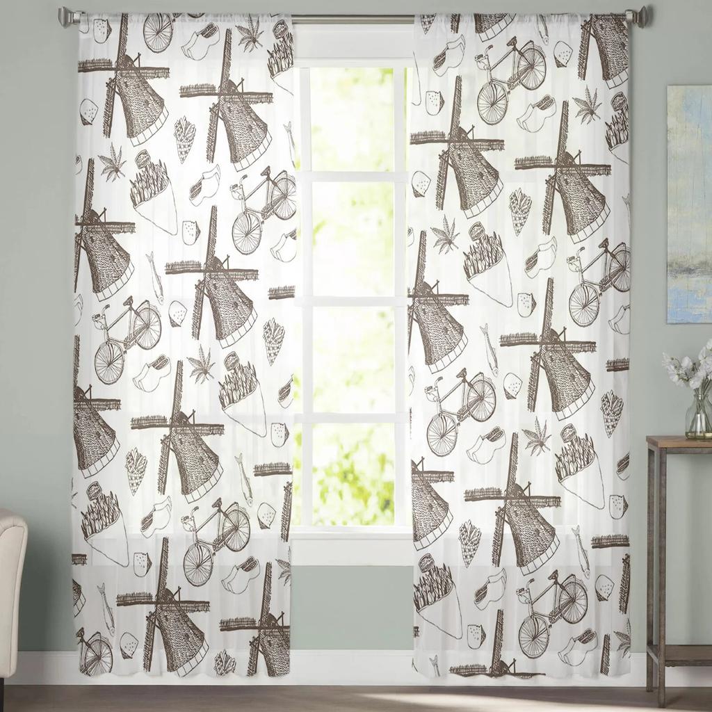 Brown Windmill Flower Cluster Bicycle Bedroom Transparent Sheer Curtains Holiday Decoration Window Voile Tulle Curtain