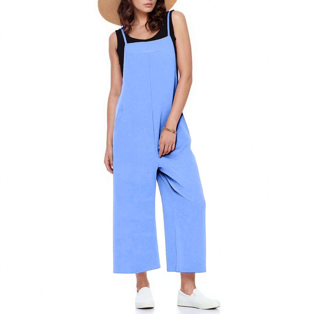 Casual Wide Leg Jumpsuits For Women Solid Color Overalls Rompers Outfits With Pockets