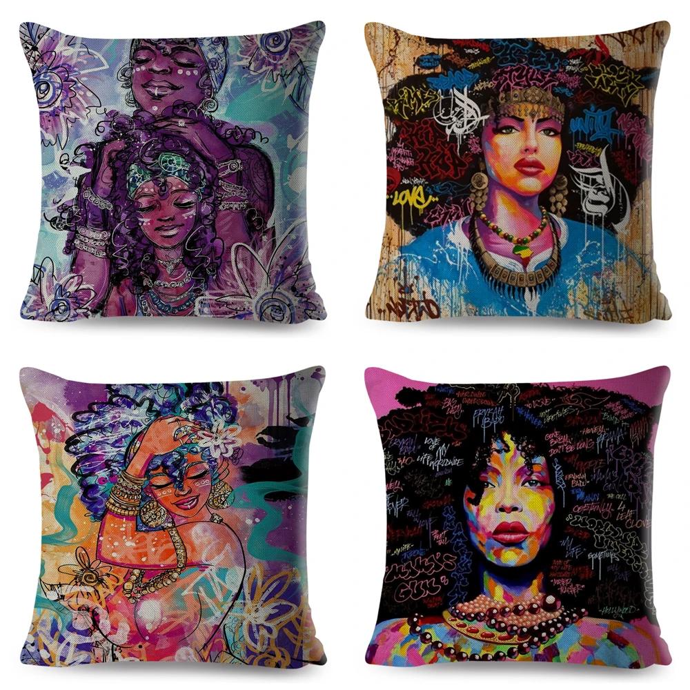 African Women Cushion Cover Decor Colorful Cartoon Lady Dream  Pillowcase Polyester Pillow Case for Bedroom Sofa Home 45x45cm