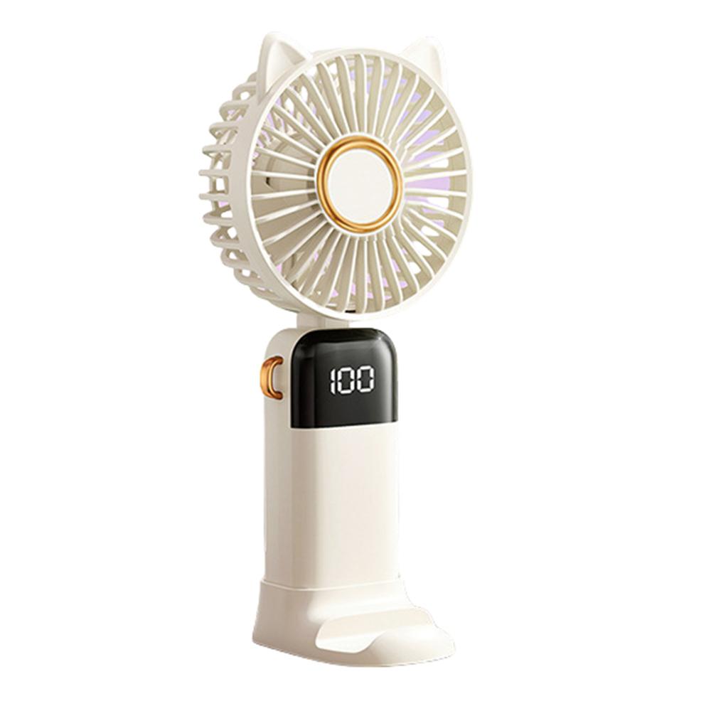 

Cartoon Cat Summer Mini Handheld Fan Digital Display Folding Desk Fan with Lanyard White