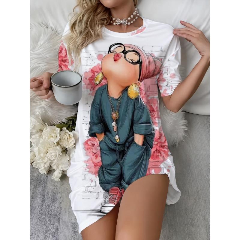 Cute Cartoon Crew Neck Short Sleeve Night Dress for Women