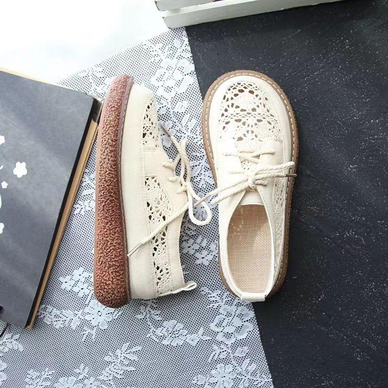 Retro forest style mesh sneakers woman casual lace up flats 3cm thick bottom cut-outs knitting loafers round toe hollow out shoe