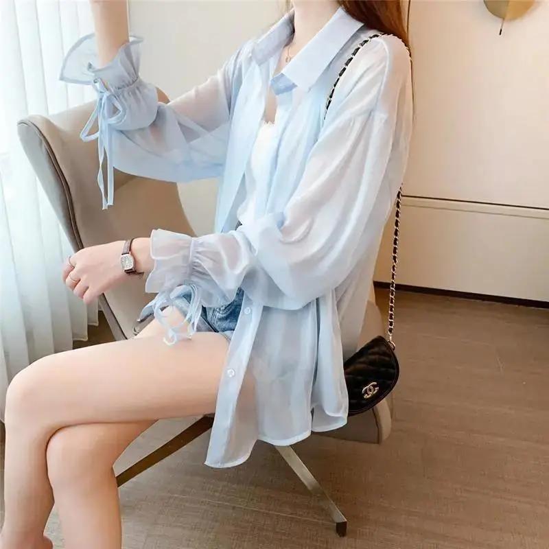 Women Thin Shirts Summer Perspective Solid Korean Sun Shirt Long Sleeve Fashion Korean Ladies Top Sunscreen Clothing