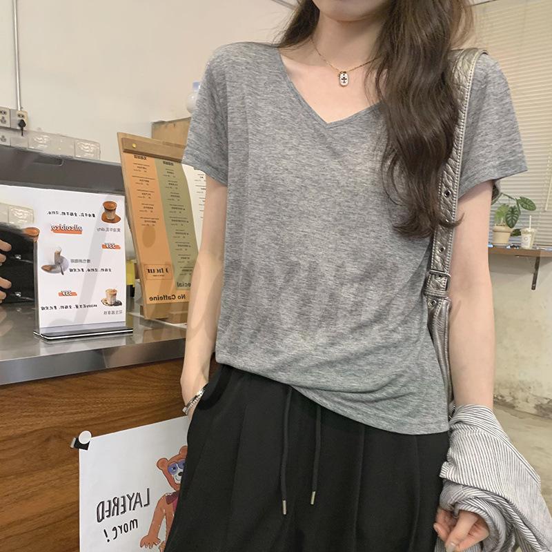 Pure Desire Loose V-neck Skin-friendly Short-sleeve T-shirt - 2026 Summer Women s European Style Slimming Top Large