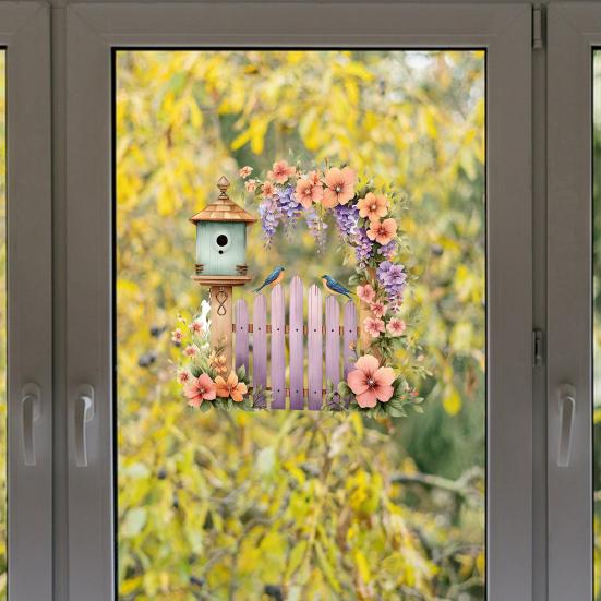 Frühlings-Fensteraufkleber Großer Zaun Vogelhaus Blumen Aufkleber Wiederverwendbar PVC Statische Glasaufkleber für Zuhause Büro Dekoration