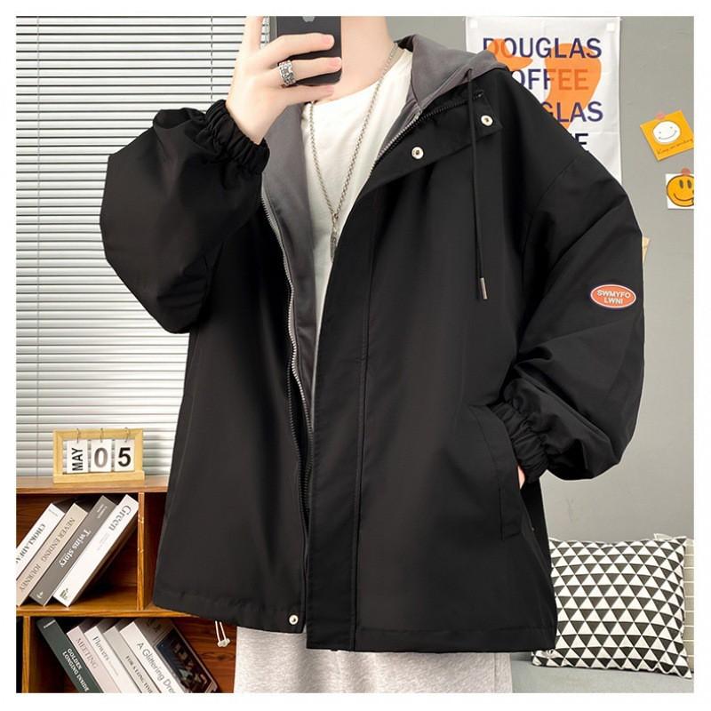 Mens Hooded Windbreaker Jacket Casual Streetwear Loose Fit Layered Look