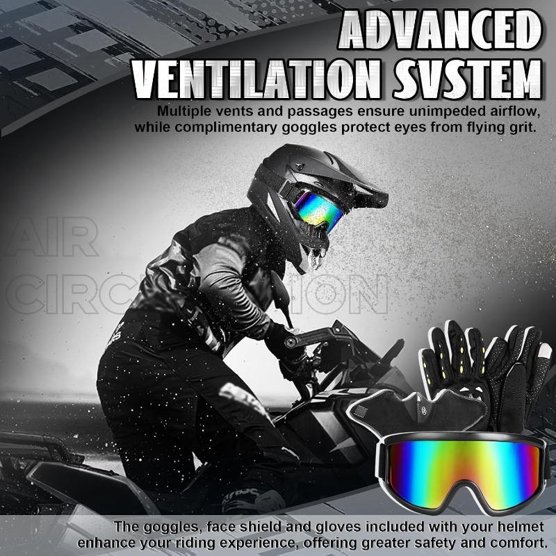 Full Face Dirt Bike Helmet  ,Adult ATV Helmet Kit with Goggles, Gloves & Mask, Adjustable Visor, Quick Release