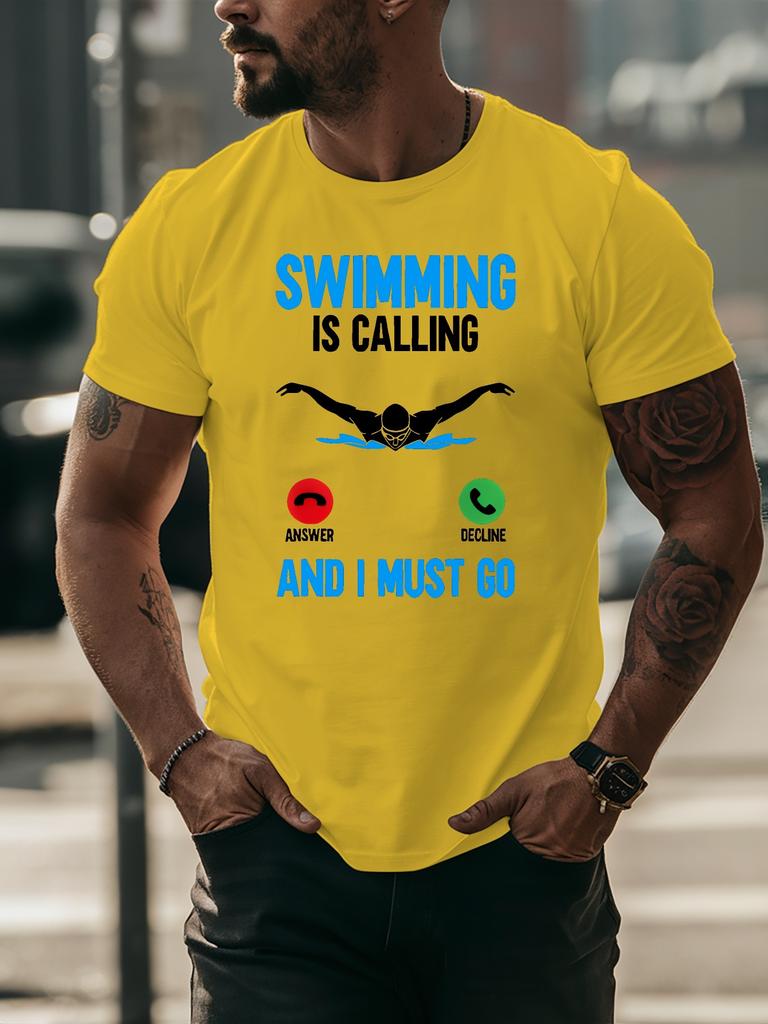 Swimming Is Calling And I Must Go Print Unisexs T Shirt Funny Swimmer Athlete Short Sleeve Crew Neck Cotton Casual Daily Tee