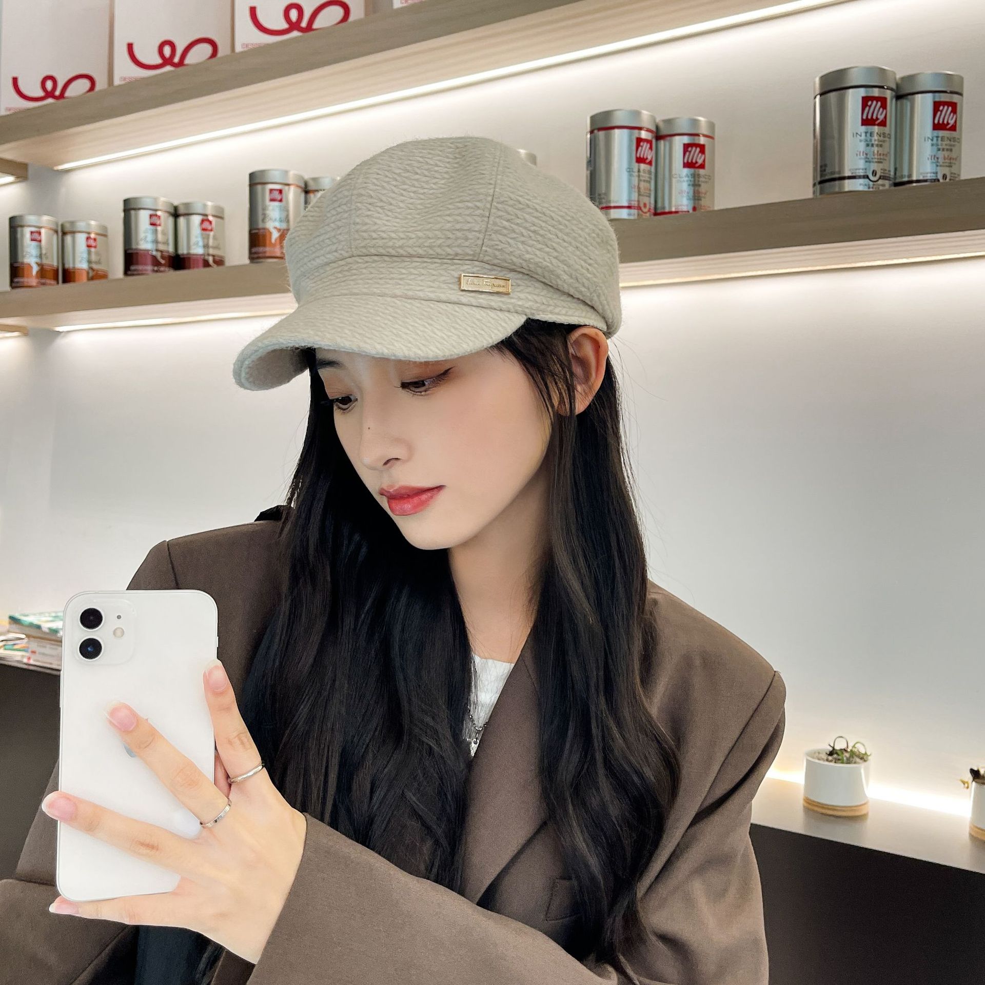 

Beret Children / Retro British Octagonal Hat Korean Edition Fashion Versatile Painter Show Face Small Duck Tongue бежевый