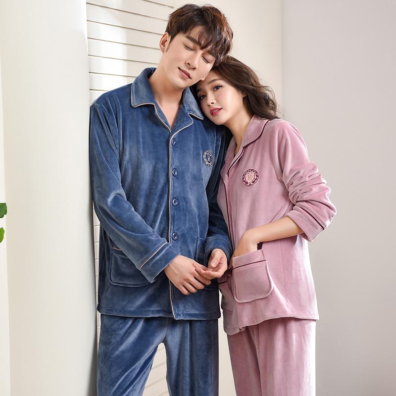 Autumn And Winter Coral Fleece Couple Pajamas Women'S Warm Island Fleece Suit Men'S Cardigan Large Size Loungewear