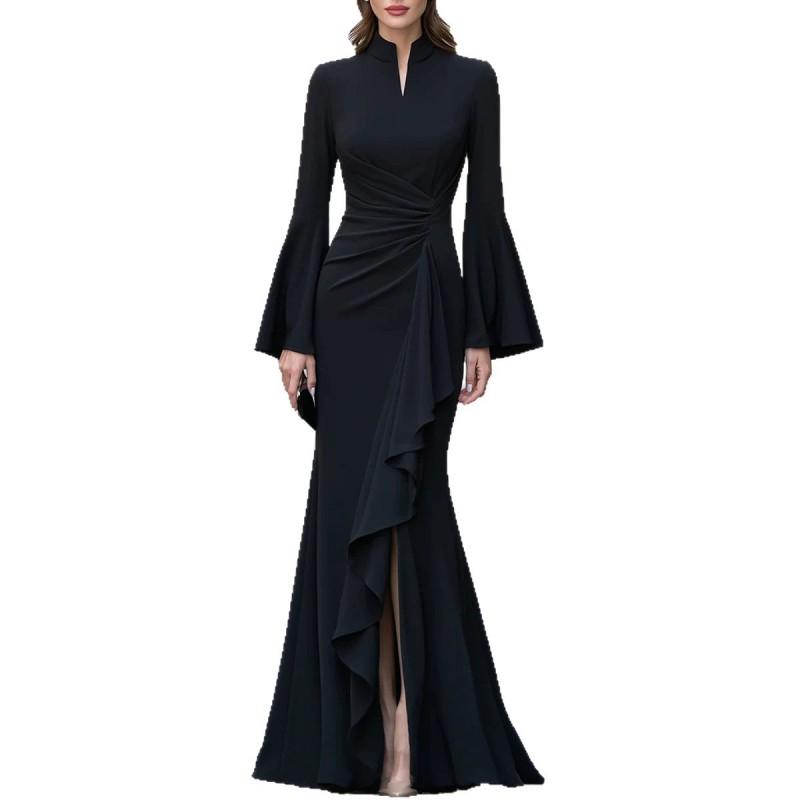 Elegant Womens Fitted Mermaid Evening Gown With Ruched Waist Flounce Hem Side Slit Long Dress
