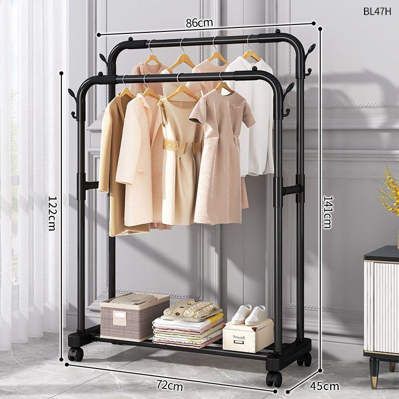 Plastic Floor-Standing Balcony and Bedroom Clothes & Hat Rack, with Folding Drying Pole and Storage.