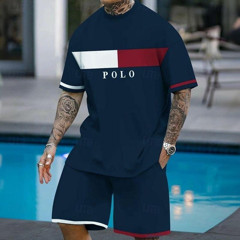 Men's Graphic 2pcs Tees sets Summer Tops Short Sleeve Short Pants Crew Neck Sport Casual Outdoor Vacation Sport 3D Print Summer Black Blue Green