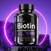 Suplemento de biotina e colágeno, adequado para homens e mulheres, contém vitaminas que nutrem cabelo, pele e unhas, e apoiam a saúde das articulações.