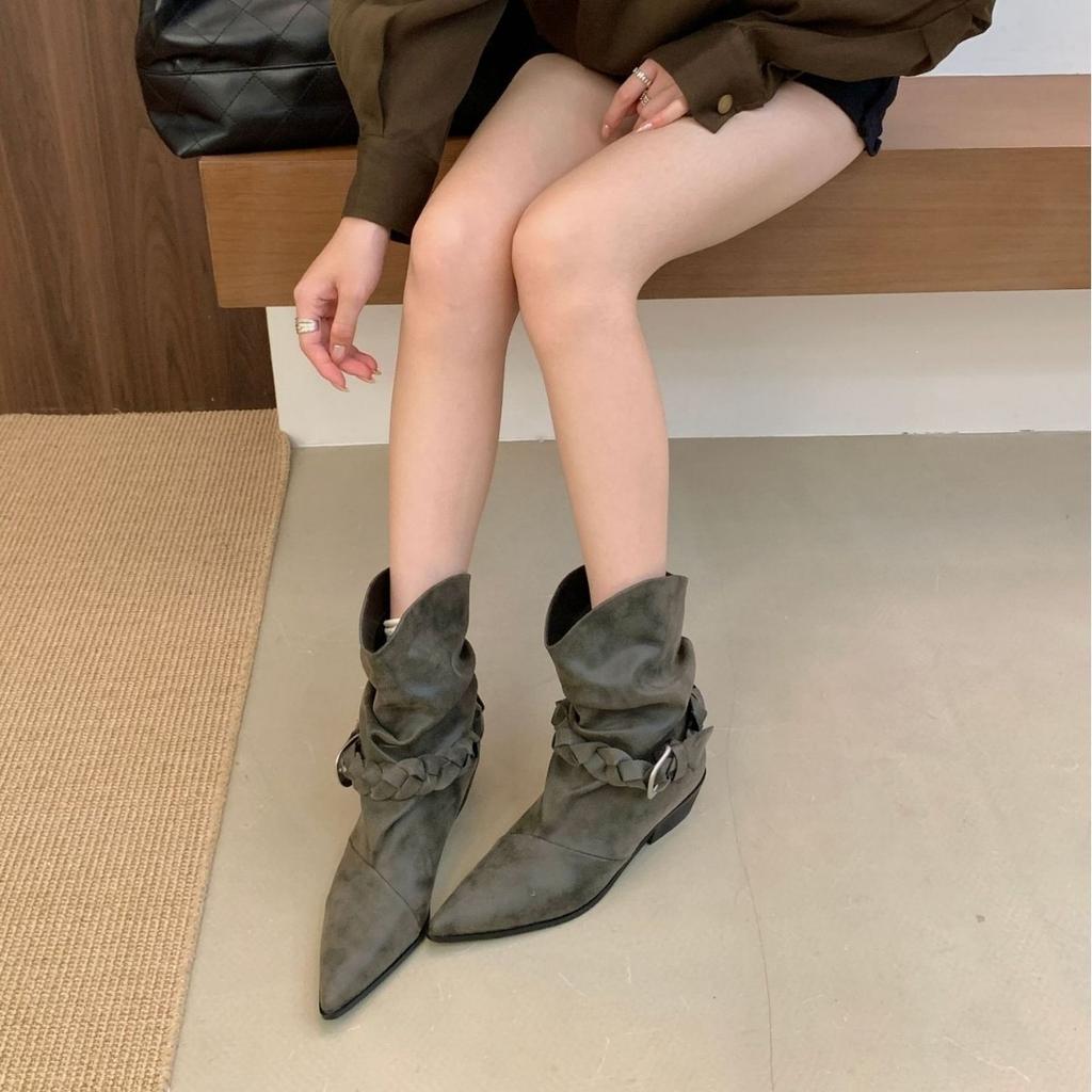 New pleated pile boots thick heel autumn and winter French retro pointed western cowboy short boots Martin boots women