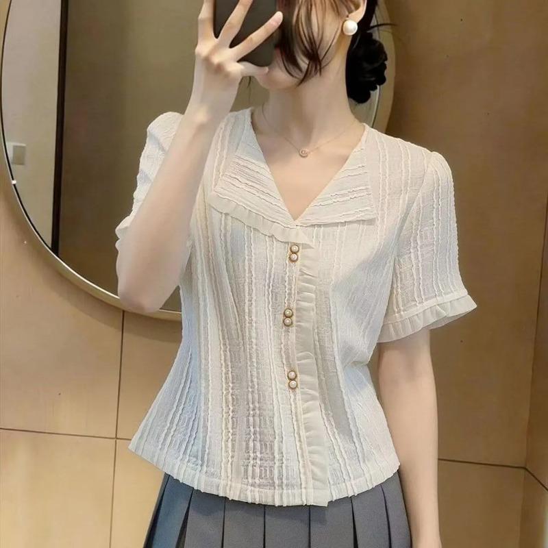 Women's White Textured V-Neck Ruffle Trim Short Sleeve Blouse