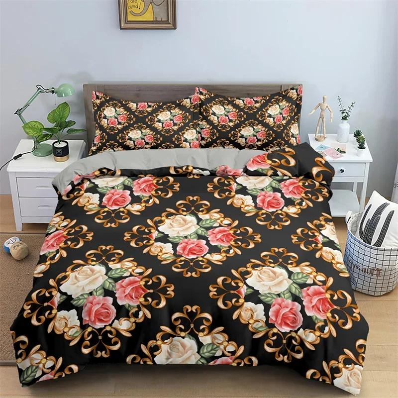 Baroque Style Floral Duvet Cover Set Luxury Exotic Flowers Bedding Set Microfiber Comforter Cover Single Queen For Teens Girls