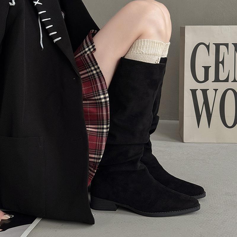 Retro simple women's cowboy boots spring and summer pointed pleated leather boots stacking boots thick heel high boots knight boots