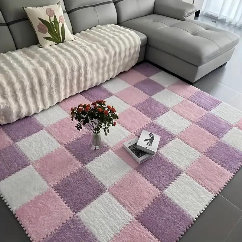 15Pcs Interlocking Fluffy Tiles with Border Square Rug Plush Puzzle Foam Floor Mat for Kids Thick Bedroom Floor Decoration