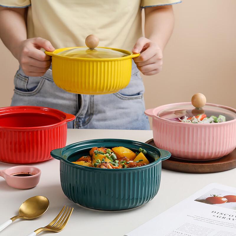 Striped Ceramic Noodle Bowl with Lid