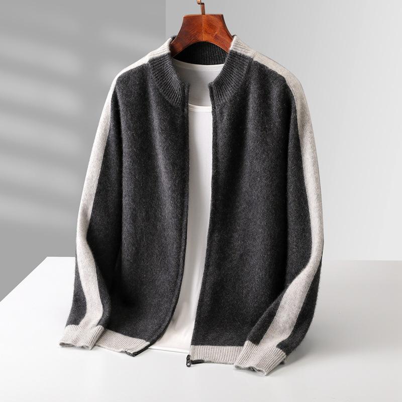 Men'S Half-Turtleneck 100% Pure Wool Thickened Cardigan, Commuter-Style Zip-Up Knit Cardigan, Loose Plus-Size Jacket