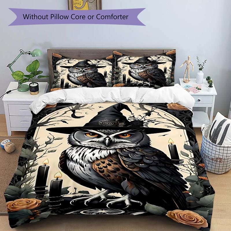 

3pcs Halloween Witch Owl Comforter Set with 1 Quilt Cover & 2 Pillowcases (No Core) - Home Decor, Holiday Gift, Polyester Fabric, Anime Cartoon Design 135x200cm