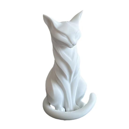 Cat Sculpture  3D Printed Matte White Desktop Decor with Artistic Lines