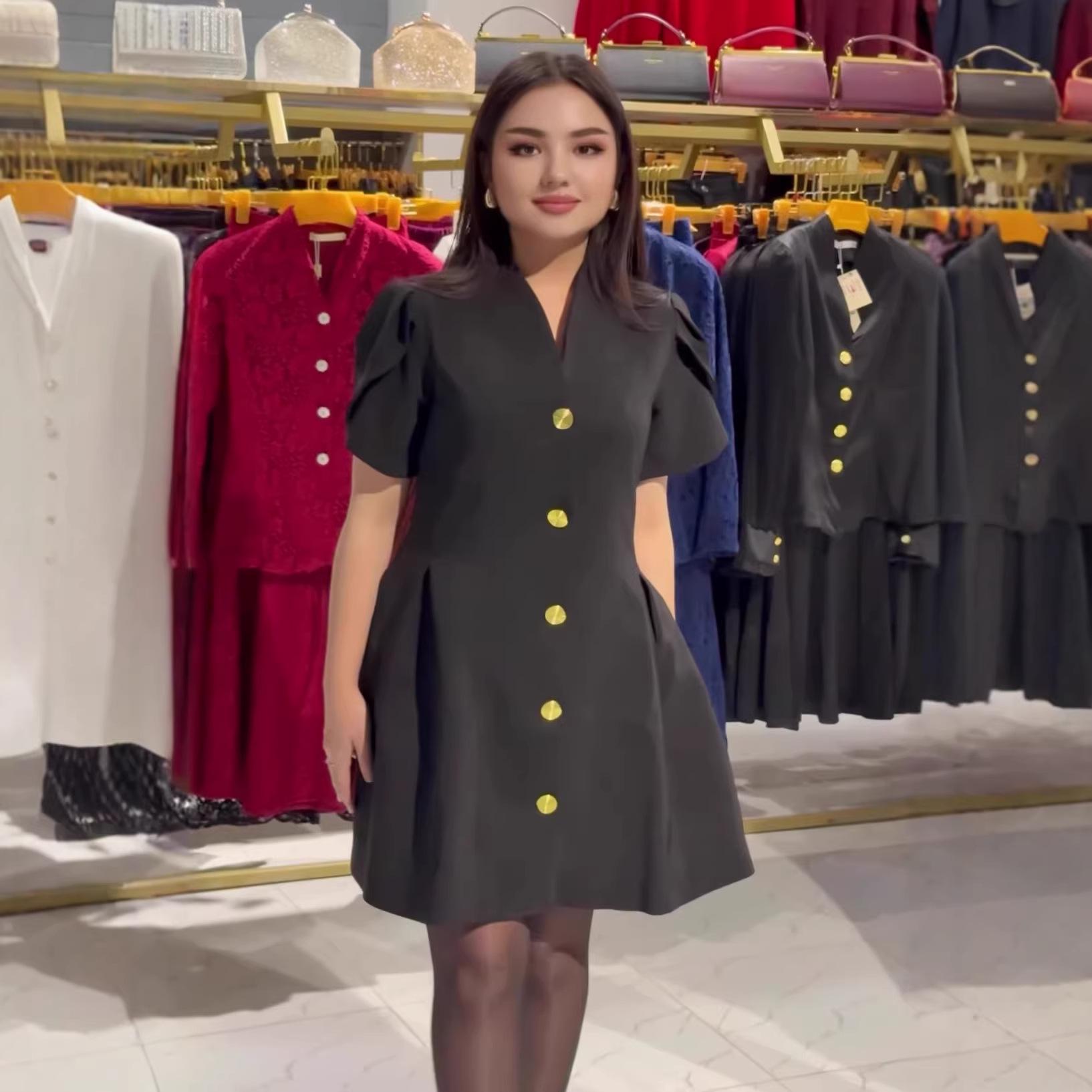 

Women s 2026 Black Single-Breasted Short-Sleeved Mid-Length Dress S чорний