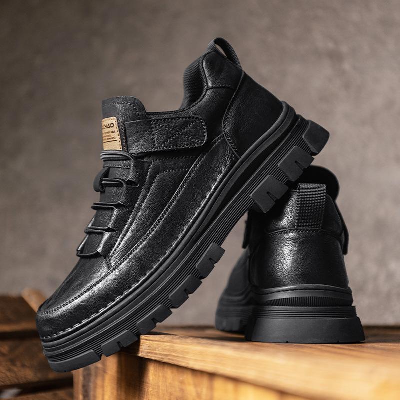 Zhongbang retro fashion trend Martin boots autumn and winter solid color small black shoes leather surface men's outdoor casual platform shoes