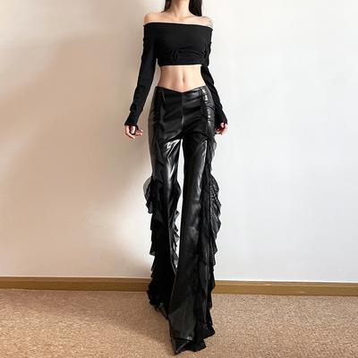 Women's High-Waisted Street Style Tulle-Panel PU Leather Slightly Flared Pants